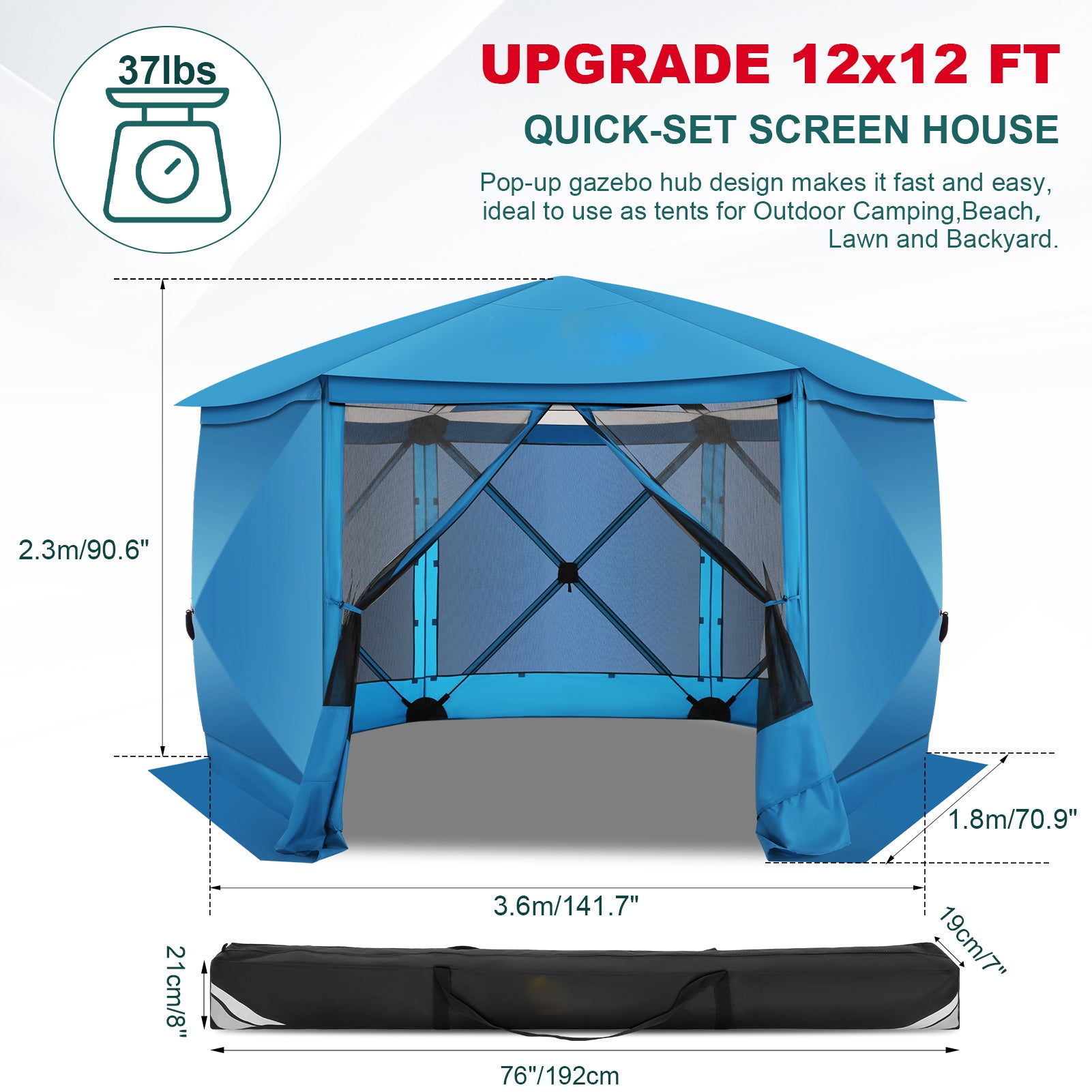 HOTEEL 12x12ft Camping Gazebo Screen Tent, 6 Sided Pop-up Canopy Shelter Tent with Mesh Windows, Portable Carry Bag, Stakes, Waterproof, UV 50+, Large Shade Tents for Outdoor Camping, Backyard, Beige