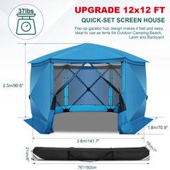 HOTEEL 12x12ft Camping Gazebo Screen Tent, 6 Sided Pop-up Canopy Shelter Tent with Mesh Windows, Portable Carry Bag, Stakes, Waterproof, UV 50+, Large Shade Tents for Outdoor Camping, Backyard, Beige