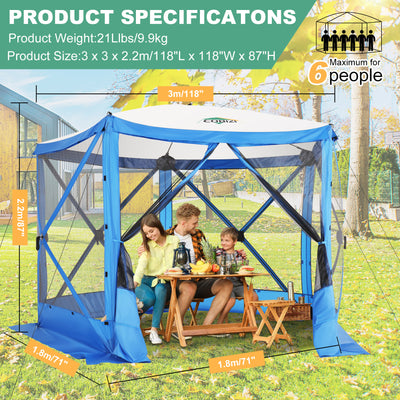 Hoteel 12x12ft Camping Gazebo Screen Tent, 6 Sided Pop-up Gazebo with Mesh Windows, Portable Carry Bag, Stakes, Waterproof, UV 50+, Large Shade Tents for Outdoor Camping, Backyard, Brown