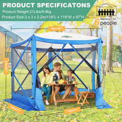 Hoteel 12x12ft Camping Gazebo Screen Tent, 6 Sided Pop-up Gazebo with Mesh Windows, Portable Carry Bag, Stakes, Waterproof, UV 50+, Large Shade Tents for Outdoor Camping, Backyard, Brown