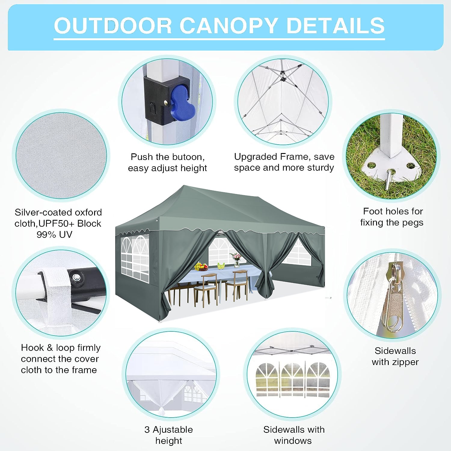 HOTEEL Canopy 10'x20' Pop Up Canopy Tent Heavy Duty Waterproof Adjustable Commercial Instant Canopy Outdoor Party Canopy Parties,Wedding,Outside Patio,Event,Backyard,Blue