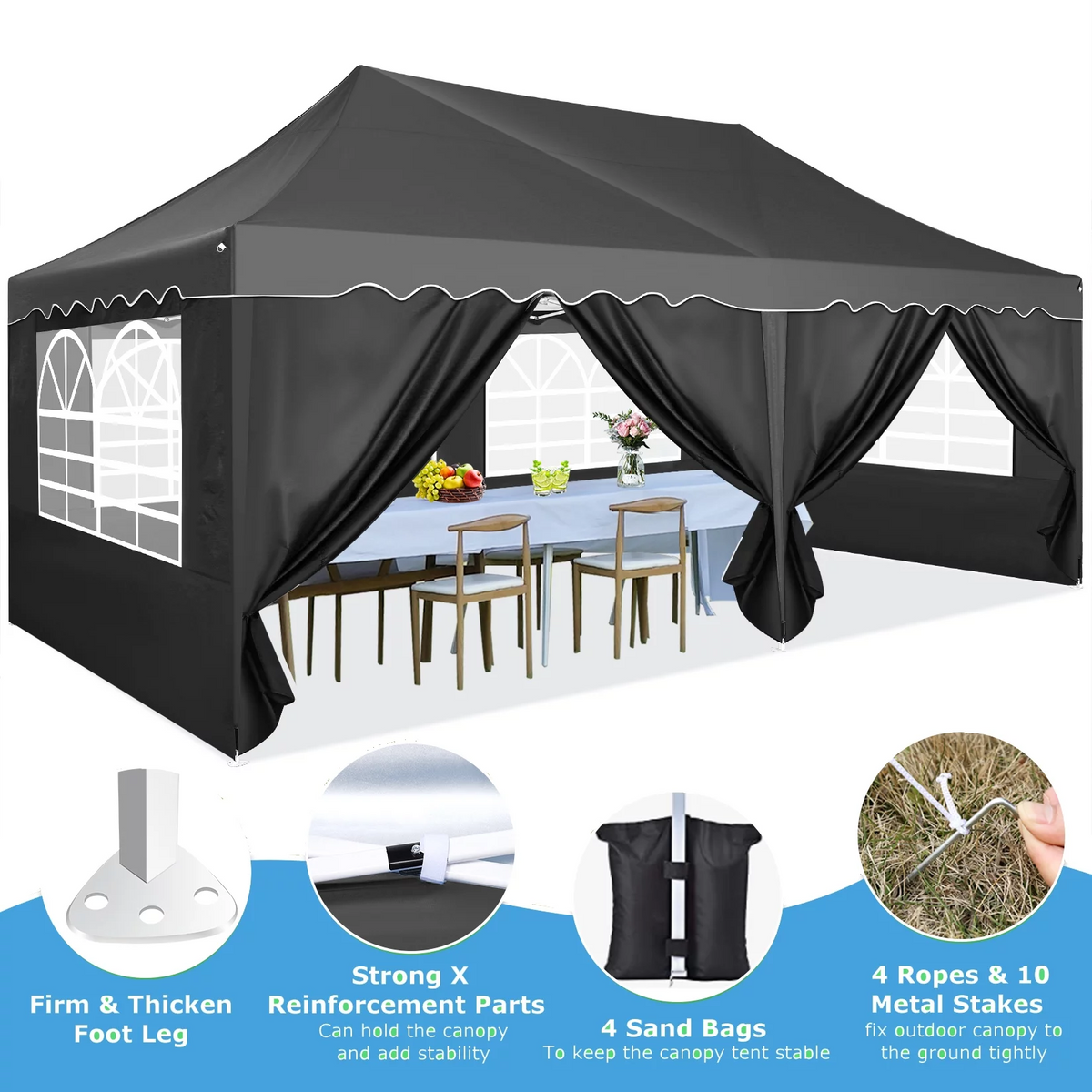 YUEBO Canopy 10' x 20' Pop Up Canopy Tent Heavy Duty Waterproof Adjustable Commercial Instant Canopy Outdoor Party Canopy Parties,Wedding,Outside Patio,Event,Backyard,Black