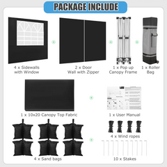 YUEBO Canopy 10' x 20' Pop Up Canopy Tent Heavy Duty Waterproof Adjustable Commercial Instant Canopy Outdoor Party Canopy Parties,Wedding,Outside Patio,Event,Backyard,Black