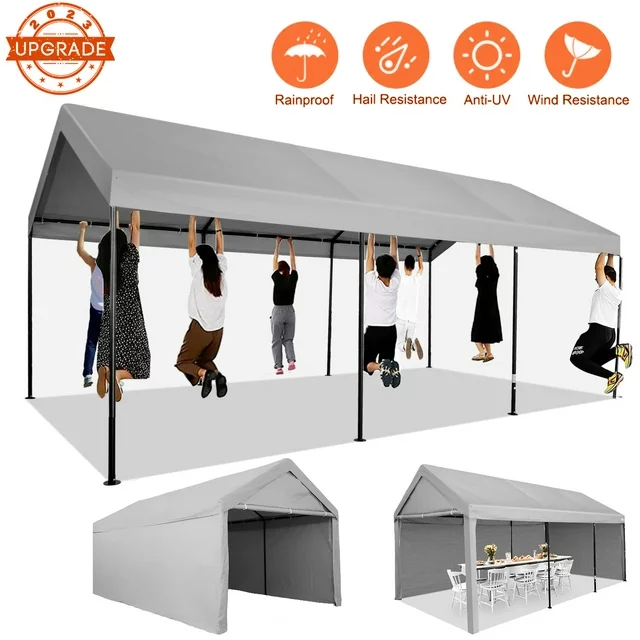 YUEBO Outdoor Carport 10x20ft Heavy Duty Canopy Storage Shed, Portable Garage Party Tent, Portable Garage with Removable Sidewalls & Doors All-Season Tarp for Car, Truck, Party, White
