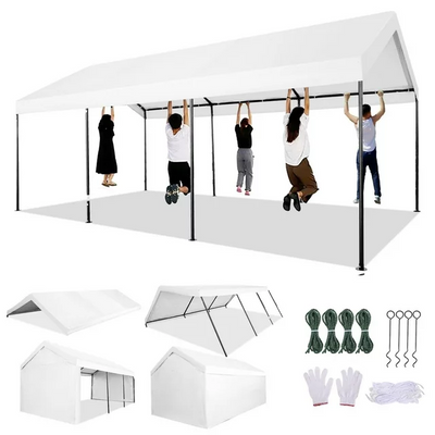 YUEBO Outdoor Carport 10x20ft Heavy Duty Canopy Storage Shed, Portable Garage Party Tent, Portable Garage with Removable Sidewalls & Doors All-Season Tarp for Car, Truck, Party, White