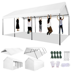 YUEBO Outdoor Carport 10x20ft Heavy Duty Canopy Storage Shed, Portable Garage Party Tent, Portable Garage with Removable Sidewalls & Doors All-Season Tarp for Car, Truck, Party, White