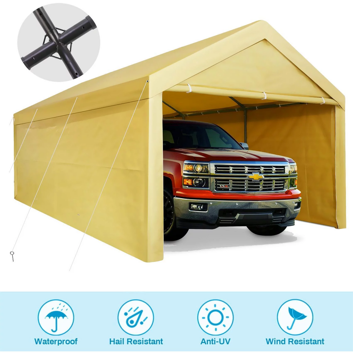 YUEBO Carport, 10'x 20' Heavy Duty Carport with Roll-up Ventilated Windows, Portable Garage with Removable Sidewalls & Doors for Car, Truck, Boat, Car Canopy with All-Season Tarp, Yellow