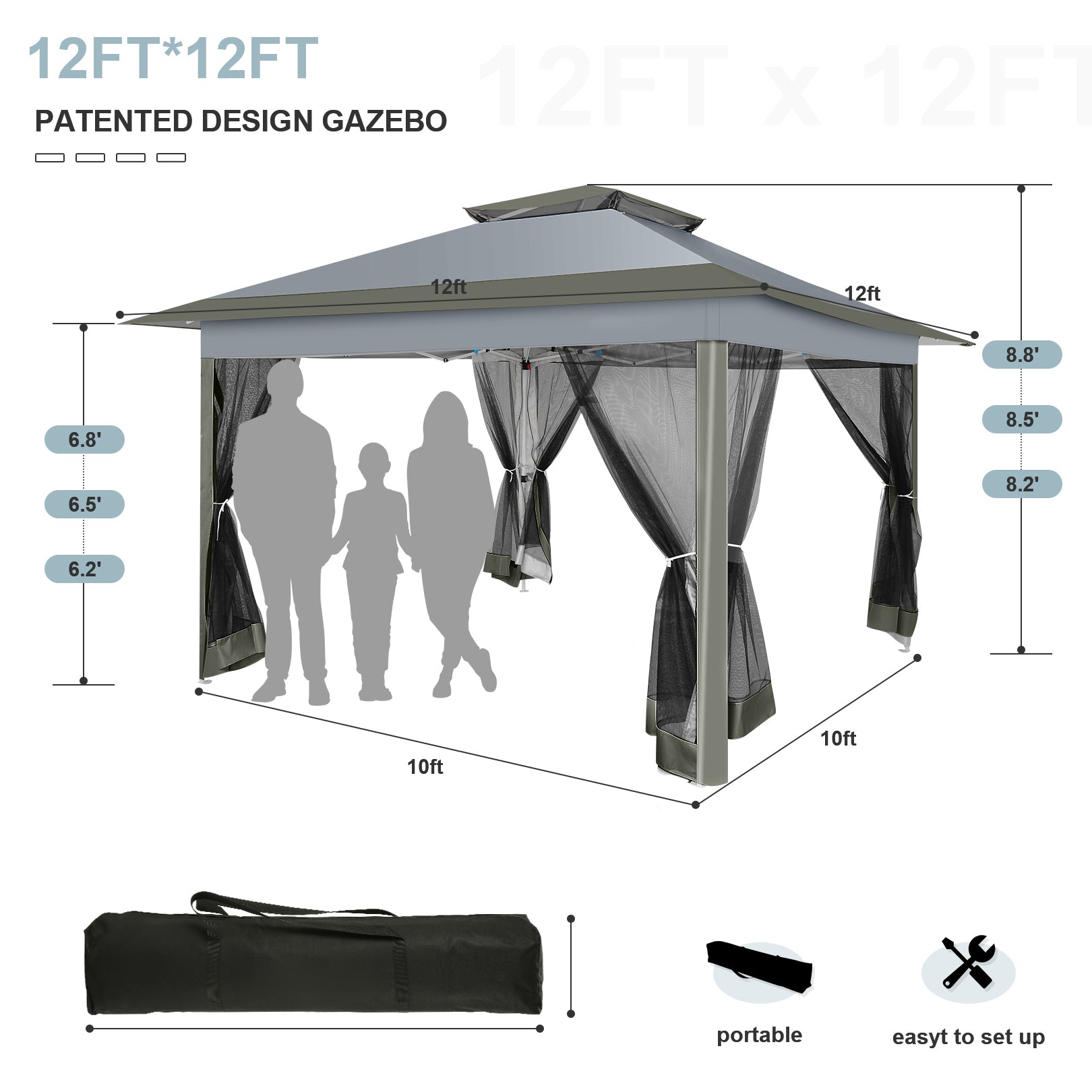 HOTEEL 12'x12' Pop Up Gazebo Patio Outdoor Canopy Tent with 8 Mosquito Nettings, Adjustable Height and 144 Square ft of Shade for Garden, Party, Backyard with Vented Top, Storage Bag, Sandbags, Silver