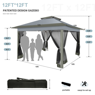 HOTEEL 12'x12' Pop Up Gazebo Patio Outdoor Canopy Tent with 8 Mosquito Nettings, Adjustable Height and 144 Square ft of Shade for Garden, Party, Backyard with Vented Top, Gray
