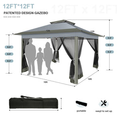 HOTEEL 12'x12' Pop Up Gazebo Patio Outdoor Canopy Tent with 8 Mosquito Nettings, Adjustable Height and 144 Square ft of Shade for Garden, Party, Backyard with Vented Top, Gray