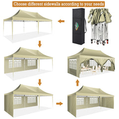 COBIZI 10x20 Canopy Tent with Sidewalls, 3 Adjustable Height Commercial Canopy, Pop Up Party Canopy with 12 Stakes & 6 Ropes,Khaki
