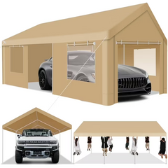 Hoteel 12'x20' Carport Heavy Duty Galvanized Car Canopy Tents with Powder-Coated Steel Frame, Quick Assembly Steel Shelter with All-Season Tarp for Outdoor Truck Boat Car Port Party Storage, Khaki