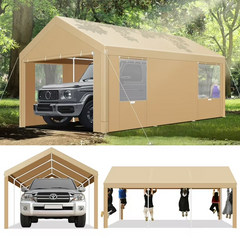 Hoteel 12'x20' Carport Heavy Duty Galvanized Car Canopy Tents with Powder-Coated Steel Frame, Quick Assembly Steel Shelter with All-Season Tarp for Outdoor Truck Boat Car Port Party Storage, Khaki