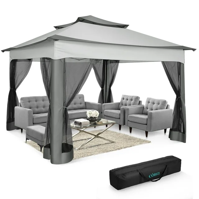 HOTEEL 12x12 Outdoor Waterproof Gazebo, Pop Up Canopy Tent with Adjustable Height, UV Protection & Mosquito Net, Ideal for Parties, Camping, Weddings, and Backyard Events,Brown