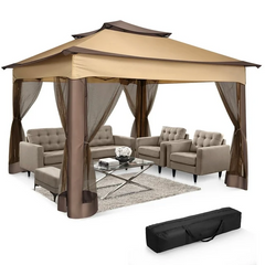 HOTEEL 12x12 Outdoor Waterproof Gazebo, Pop Up Canopy Tent with Adjustable Height, UV Protection & Mosquito Net, Ideal for Parties, Camping, Weddings, and Backyard Events,Brown