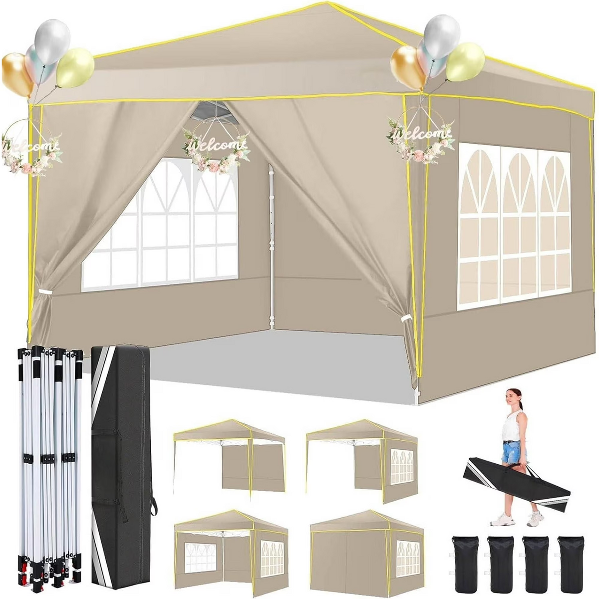 HOTEEL Pop up Canopy Tent 10x10 Commercial Instant Canopy with 4 Sidewalls & Carry Bag,Portable Tent for Parties Beach Camping Party Event Shelter Sun Shade