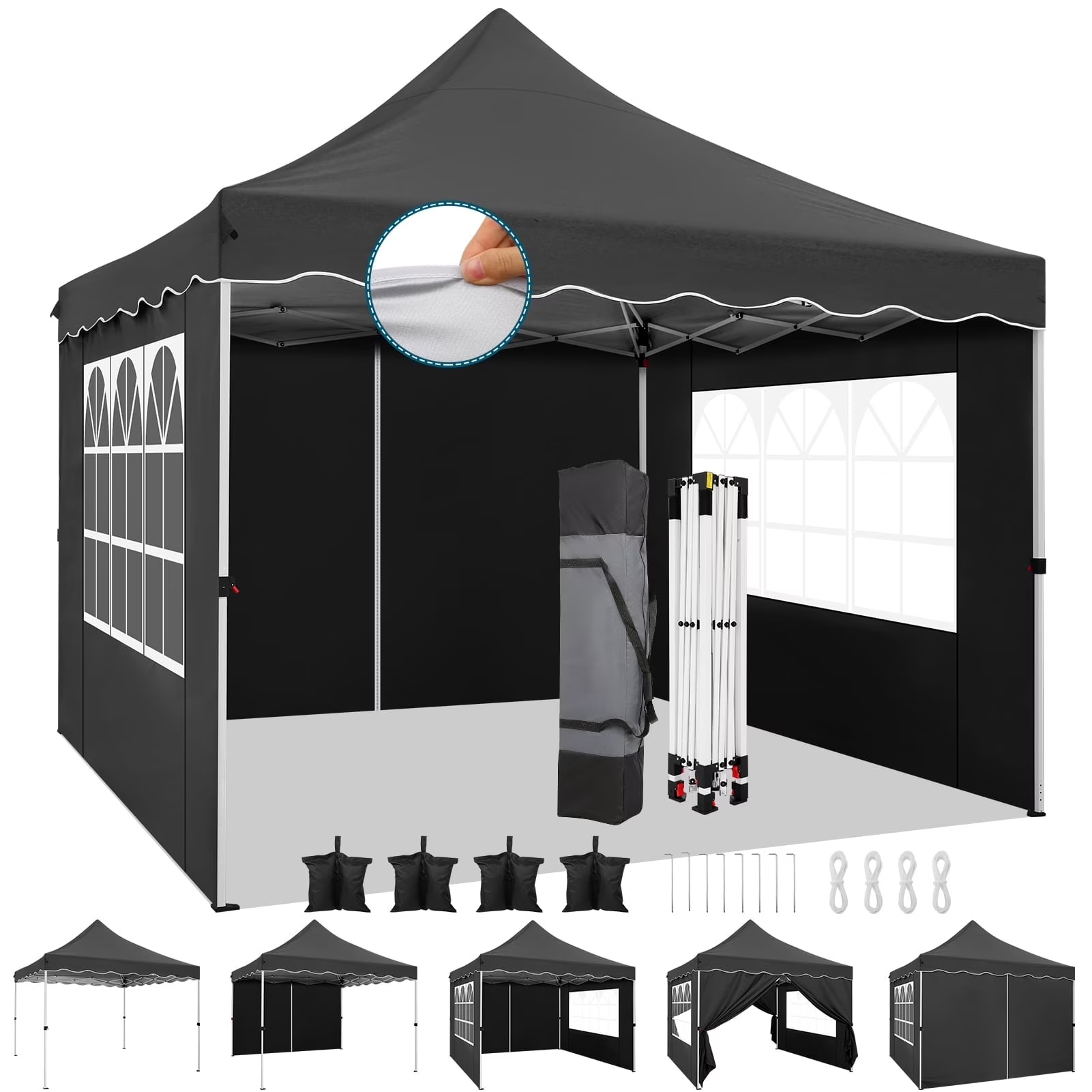 HOTEEL 10x10 Outdoor Canopy Party Tent EZ Pop Up Canopy Portable Commercial Instant Canopy Shelter Tent Waterproof Gazebo with 4 Sidewalls & Carry Bag,Stakes & Ropes,Black
