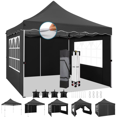 HOTEEL 10x10 Outdoor Canopy Party Tent EZ Pop Up Canopy Portable Commercial Instant Canopy Shelter Tent Waterproof Gazebo with 4 Sidewalls & Carry Bag,Stakes & Ropes,Black
