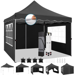 HOTEEL 10x10 Outdoor Canopy Party Tent EZ Pop Up Canopy Portable Commercial Instant Canopy Shelter Tent Waterproof Gazebo with 4 Sidewalls & Carry Bag,Stakes & Ropes,Black