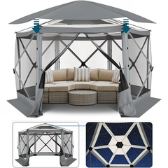 HOTEEL 12x12 Portable Pop-Up Outdoor Camping Gazebo, Screen Tent with Mosquito Nettings, Waterproof, UV, Bite Proof, Removable top Glamping Canopy with Carry Bag, Gray