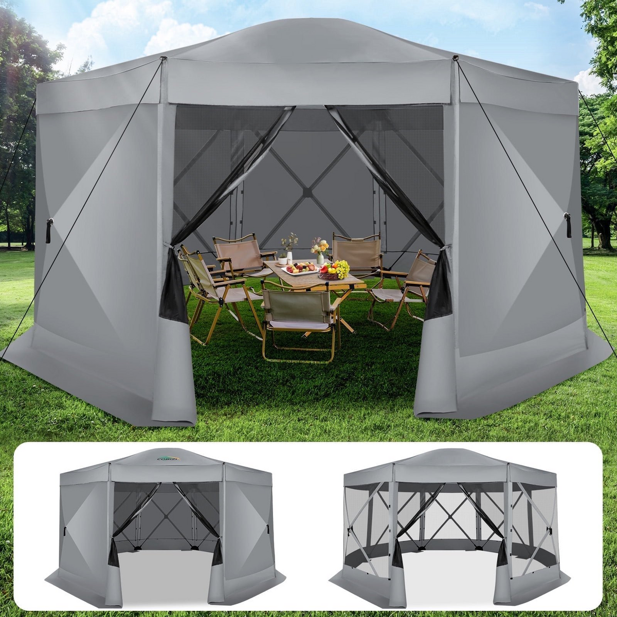 HOTEEL 15x15ft Outdoor Pop Up Gazebo for Camping, Screen House with Mosquito Netting, Waterproof, UV Resistant, Portable Carry Bag, Black