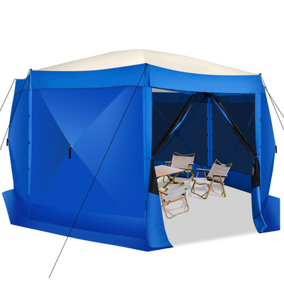 HOTEEL 15x15ft Outdoor Pop Up Gazebo for Camping, Screen House with 7 Sidewalls and Mosquito Netting, Waterproof, UV Resistant, Portable Carry Bag, Blue
