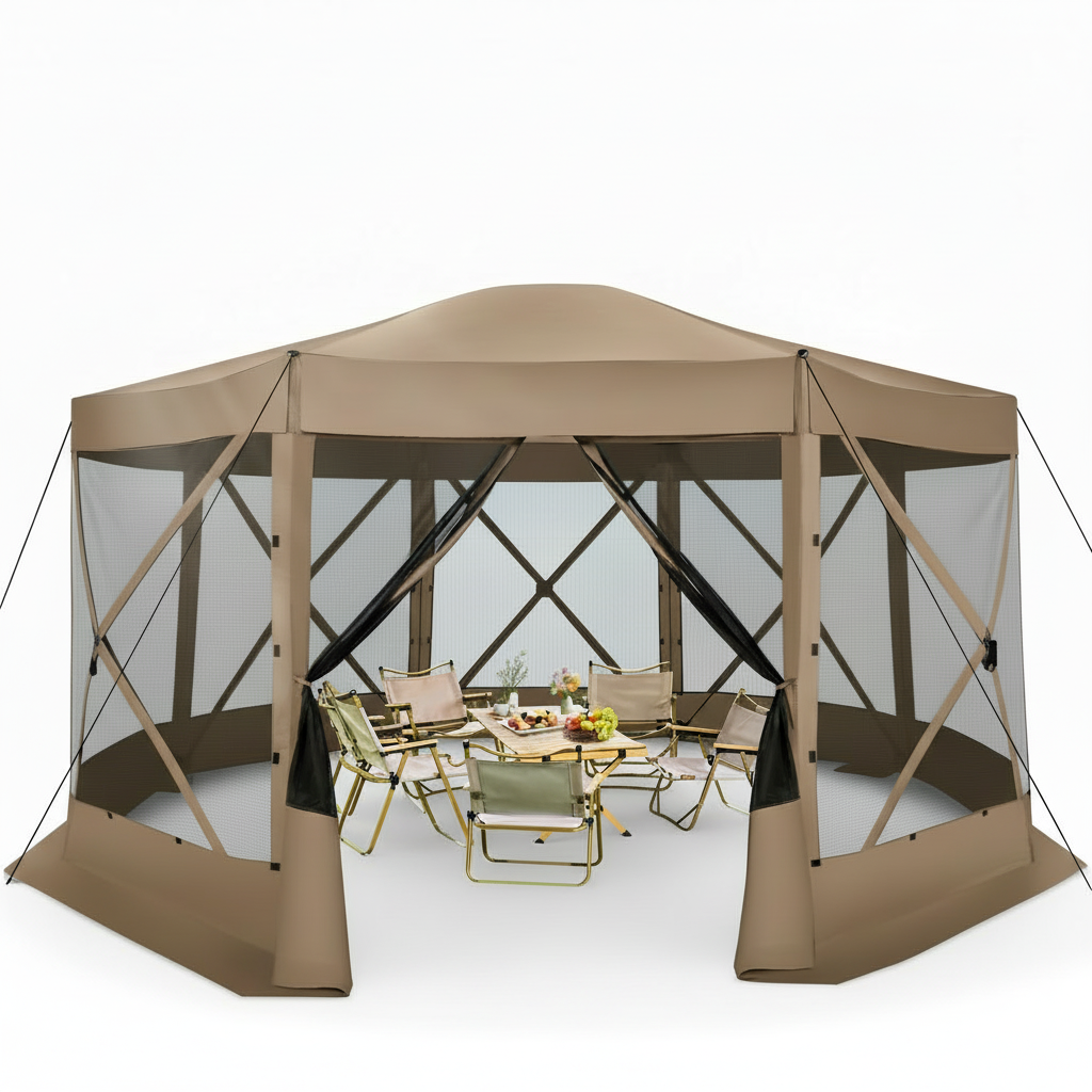 HOTEEL 15x15ft Outdoor Pop Up Gazebo for Camping, Screen House with Mosquito Netting, Waterproof, UV Resistant, Portable Carry Bag, Khaki