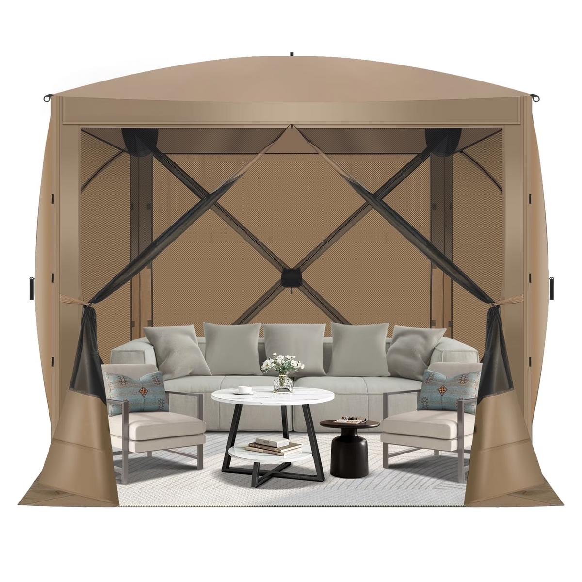 HOTEEL 6x6 ft Pop Up Gazebo Screen House Tent for Camping with 3 Sidewalls and Mosquito Netting, Waterproof, UV Resistant, Portable Carry Bag, for Outdoor Camping, Lawn and Backyard, Khaki