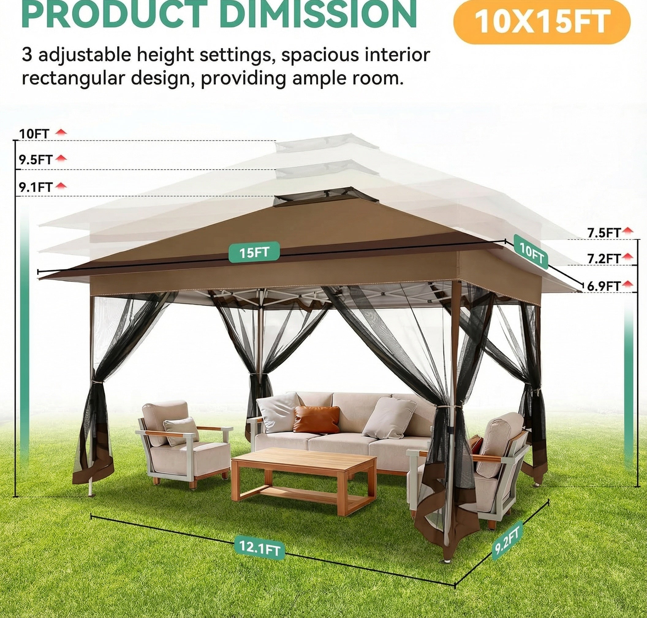COBIZI 10¡®x15¡¯ Pop-Up Gazebo - Outdoor pop-up sunshade canopy tent, patio gazebo, shade canopy - Mesh tent with portable storage bag, suitable for camping, garden, terrace, backyard