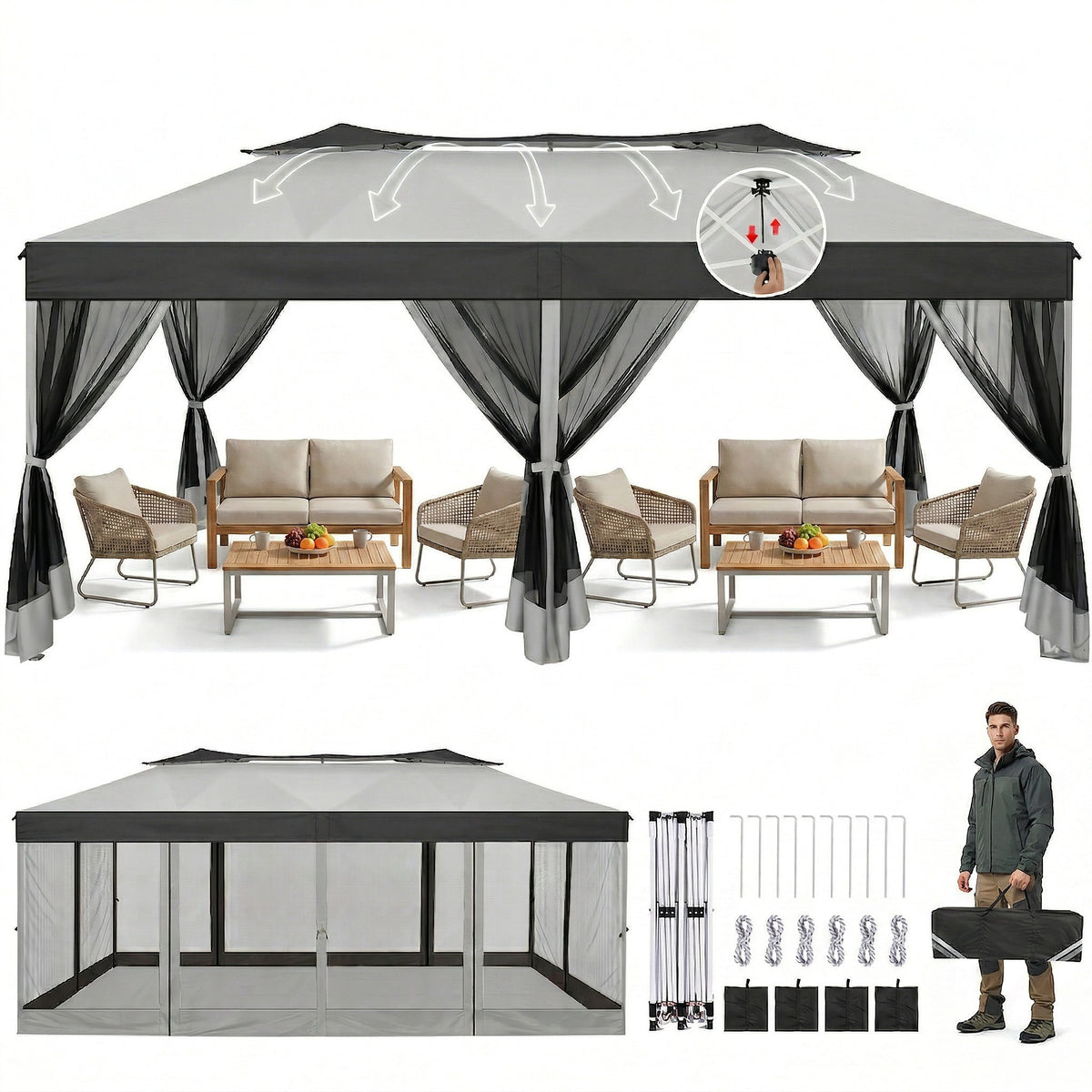 HOTEEL 10x20 Gazebo Canopy Tent with 6 Netting Sidewalls,Pop up Canopy for Parties Wedding,Commercial Easy up Gazebo with Sandbags,UV 50+
