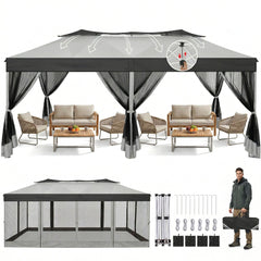 HOTEEL 10x20 Gazebo Canopy Tent with 6 Netting Sidewalls,Pop up Canopy for Parties Wedding,Commercial Easy up Gazebo with Sandbags,UV 50+