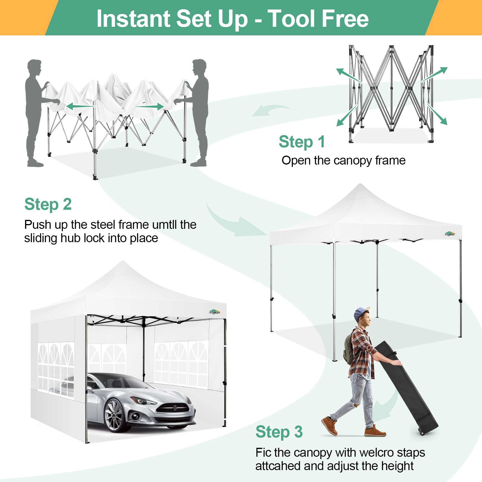 COBIZI 10'x10' Heavy Duty Pop Up Canopy with Sidewalls & 3 Adjustable Heights, SPC26