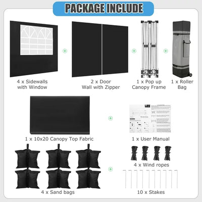 YUEBO Canopy 10' x 20' Pop Up Canopy Tent Heavy Duty Waterproof Adjustable Commercial Instant Canopy Outdoor Party Canopy Parties,Wedding,Outside Patio,Event,Backyard,Black