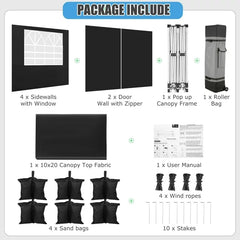 YUEBO Canopy 10' x 20' Pop Up Canopy Tent Heavy Duty Waterproof Adjustable Commercial Instant Canopy Outdoor Party Canopy Parties,Wedding,Outside Patio,Event,Backyard,Black