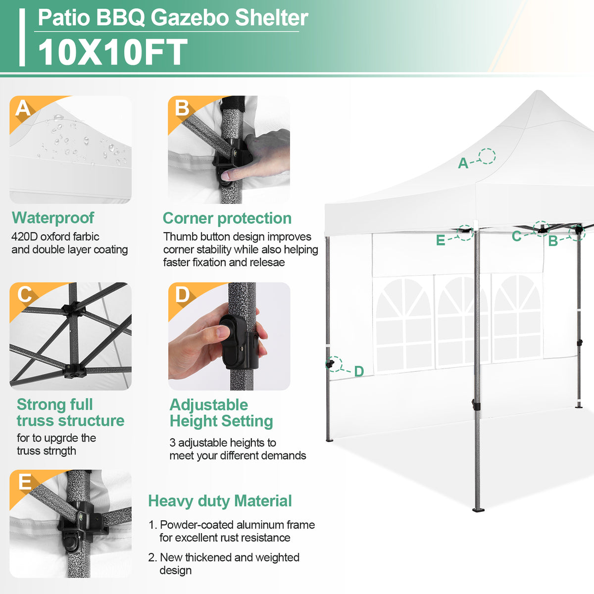 COBIZI 10'x10' Heavy Duty Pop Up Canopy with Sidewalls & 3 Adjustable Heights, SPC26
