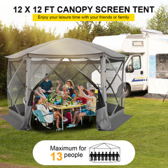 HOTEEL 12x12 Portable Pop-Up Outdoor Camping Gazebo, Screen Tent with Mosquito Nettings, Waterproof, UV, Bite Proof, Removable top Glamping Canopy with Carry Bag, Gray