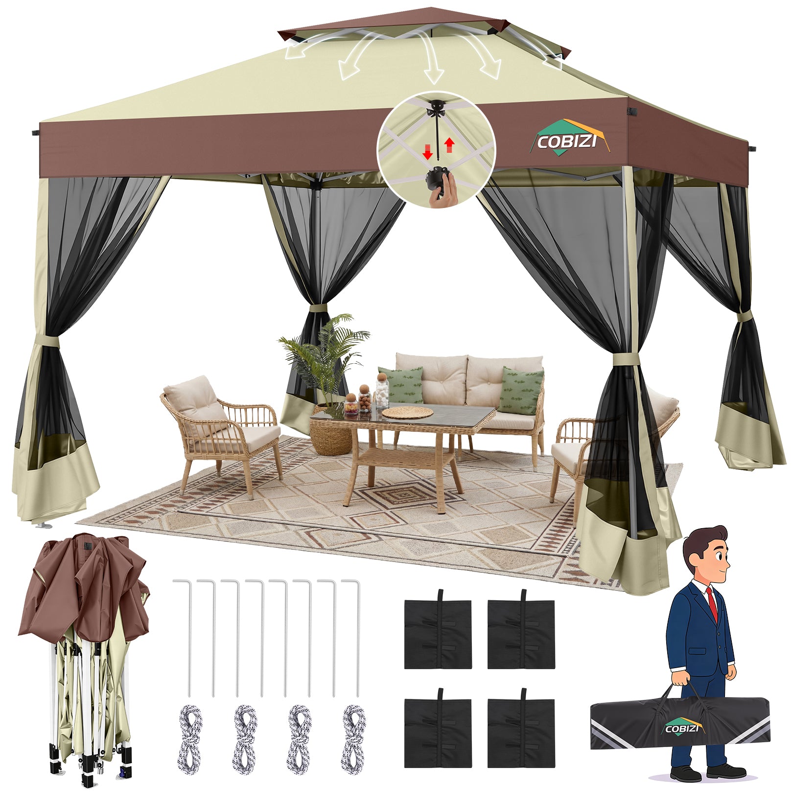HOTEEL 10x10 Gazebo Canopy Tent with 4 Netting Sidewalls,Pop up Gazebo Tents,Outdoor Party Tents with Sandbags