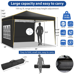 HOTEEL Pop up Canopy Tent 10x10 Commercial Instant Canopy with 4 Sidewalls & Carry Bag,Portable Tent for Parties Beach Camping Party Event Shelter Sun Shade