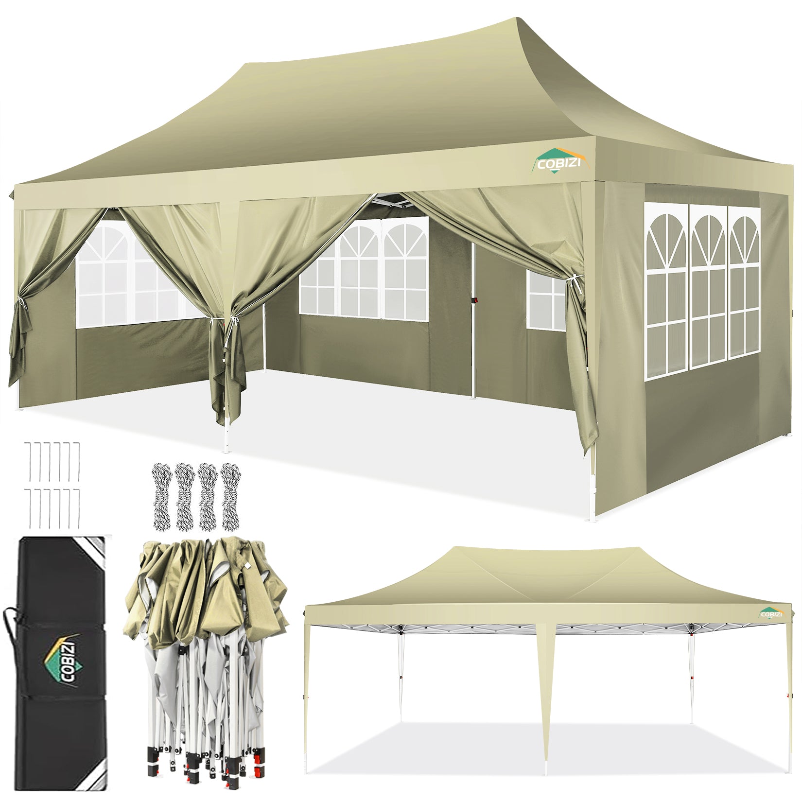 COBIZI 10x20 Canopy Tent with Sidewalls, 3 Adjustable Height Commercial Canopy, Pop Up Party Canopy with 12 Stakes & 6 Ropes,Khaki