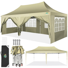 COBIZI 10x20 Canopy Tent with Sidewalls, 3 Adjustable Height Commercial Canopy, Pop Up Party Canopy with 12 Stakes & 6 Ropes,Khaki