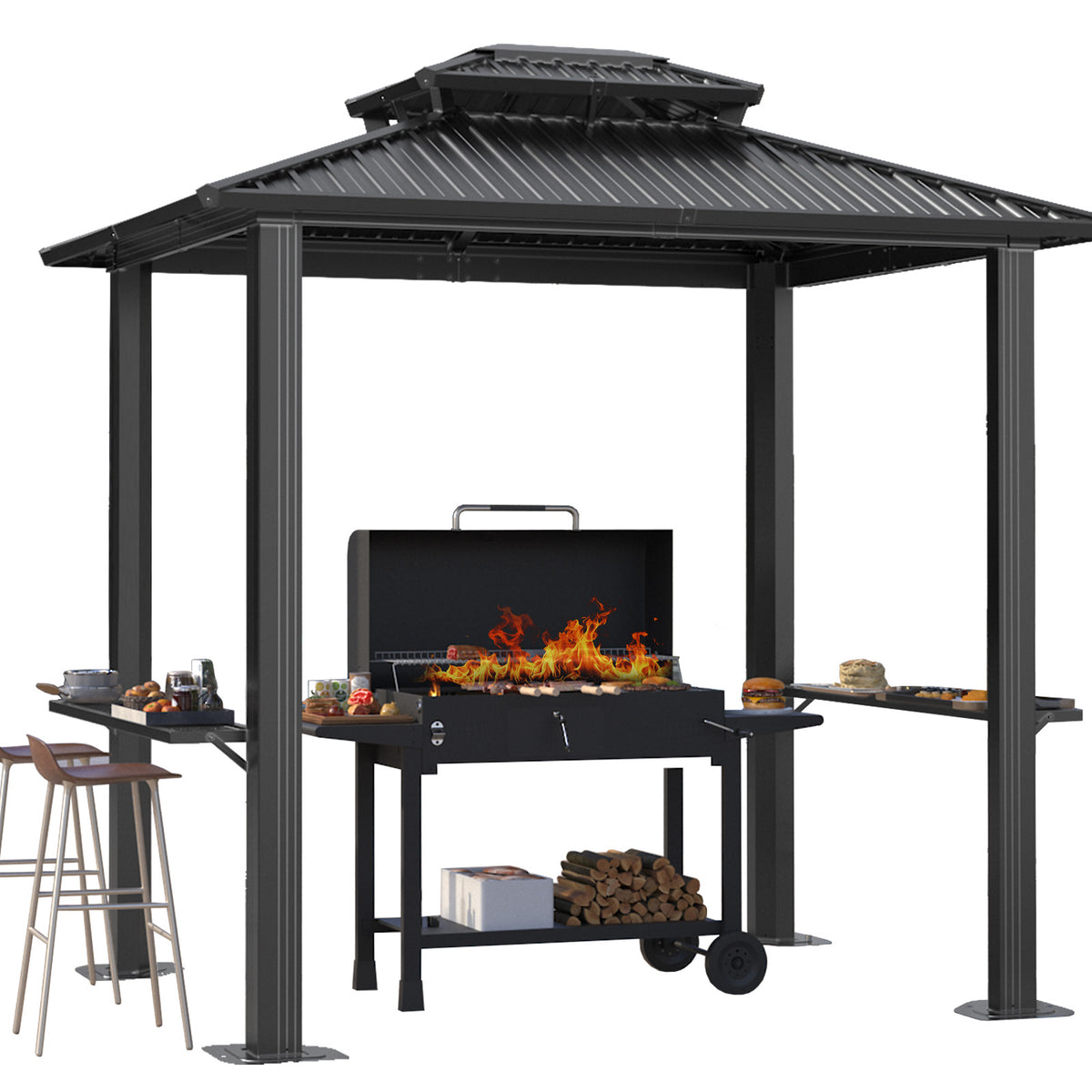 HOTEEL 6x8 FT Hardtop Grill Gazebo with Vented Double Roof, Galvanized Steel Sun & Rain Shelter, Rust-Resistant Aluminum BBQ Gazebo for Outdoor Cooking, Patio, Backyard (Dark Brown)