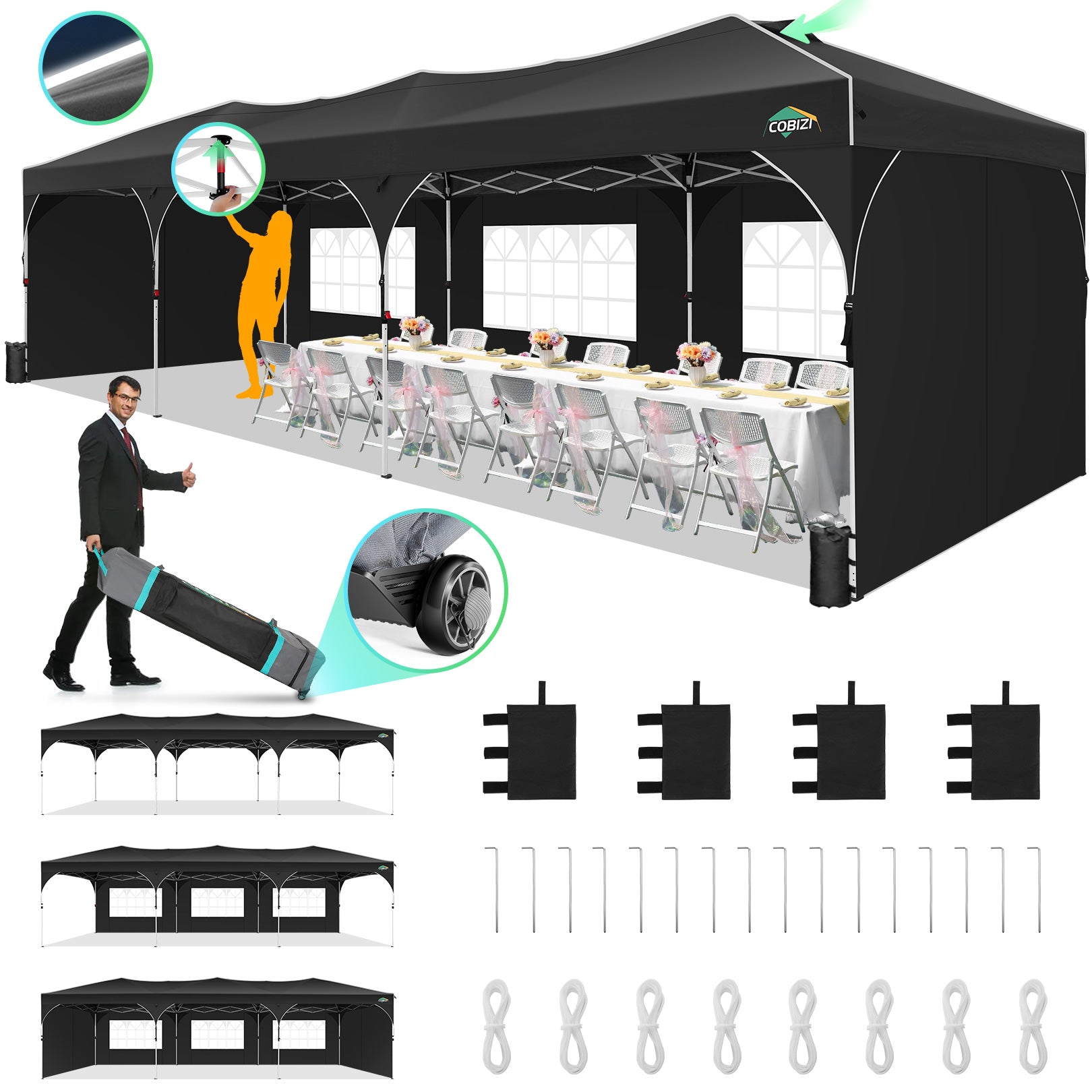 Cobizi 10'x20' Up Pop Up Canopy Tent, Party Tents with One Push Central Button Air Vent, Instant Canopy Tent with Sidewalls & Reflective Strip SPC000142