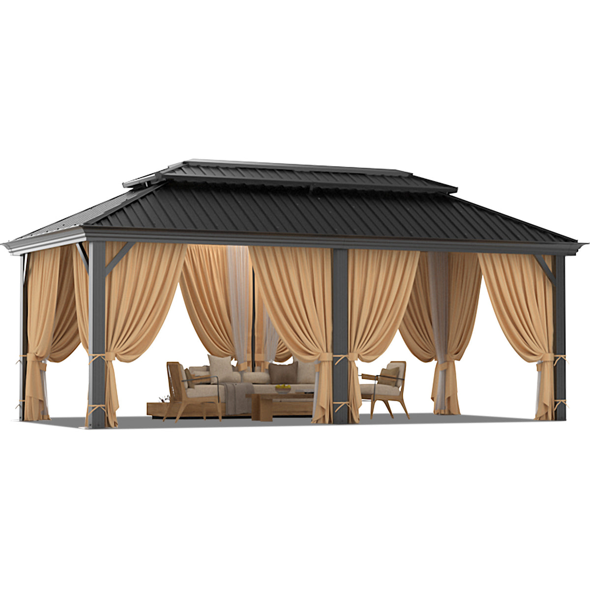 HOTEEL 10'x15' Hardtop Gazebo, Outdoor Steel Double Galvanized Roof Canopy, Aluminum Frame Permanent Pavilion Metal Gazebo with Curtains and Nettings, Sunshade for Patios, Gardens, Lawns, Black