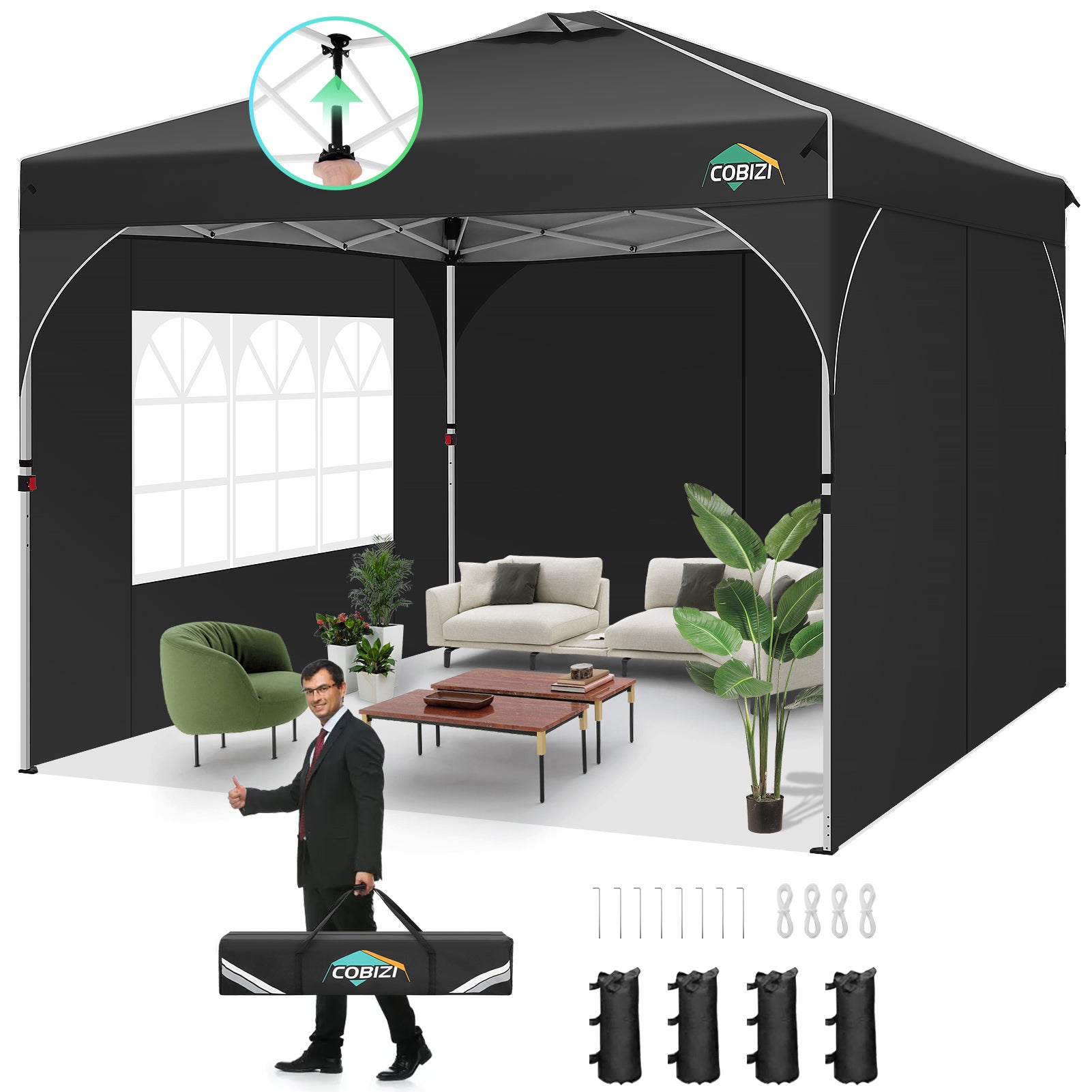 Cobizi 10'x10' One Push Central Button  Pop Up Canopy Tent with Air Vent, 3 Sidewalls & Reflective Strip SPC141