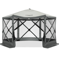 Hoteel 12x12ft Pop-up Gazebo EZ Set-up Camping Canopy Tent with 6 Sides Mosquito Netting, Waterproof, UV Resistant, Portable Screen House Room, Outdoor Party Tent with Carry bag, Ground Spike, Khaki