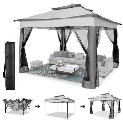 HOTEEL 12x12 Outdoor Pop-up Gazebo Canopy with Mosquito Netting 2-Tiered Vented Top 3 Adjustable Height for Backyard, Garden, Lawn,Light Grey