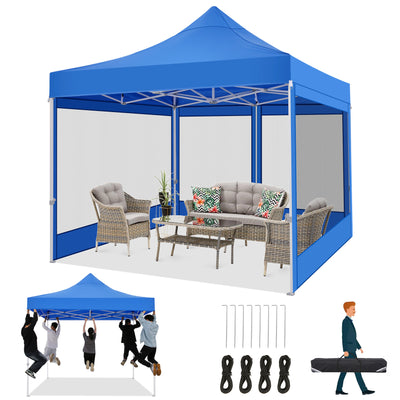 COBIZI 10'x10' Heavy Duty Canopy Tent, Pop up Gazebo with Netting Screened ,Waterproof Ez up Canopy with Sidewalls, Outdoor Instant Party Tent for Backyard,Blue