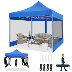 COBIZI 10'x10' Heavy Duty Canopy Tent, Pop up Gazebo with Netting Screened ,Waterproof Ez up Canopy with Sidewalls, Outdoor Instant Party Tent for Backyard,Blue