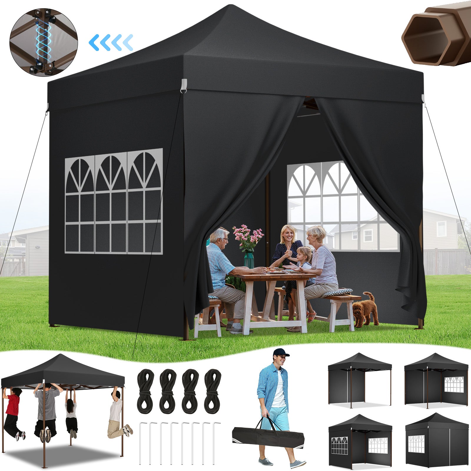 HOTEEL 13x26 Heavy Duty Pop Up Canopy,Instant Outdoor Gazebo with 6 Sidewalls, Commercial Grade Party Tent for Wedding Events, Hexagonal Frame,Black