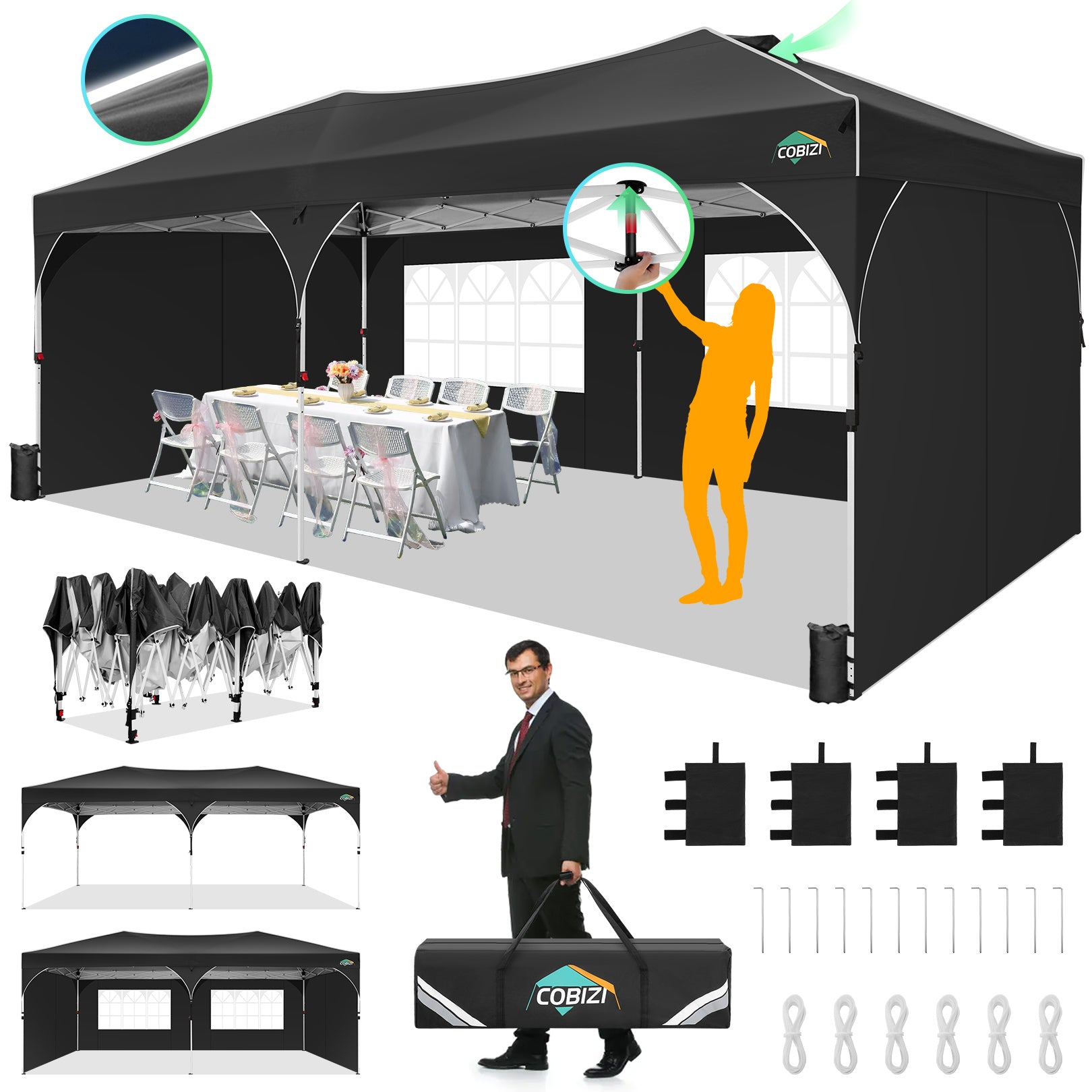 Cobizi 10'x20' Up Pop Up Canopy Tent, Party Tents with One Push Central Button Air Vent, Instant Canopy Tent with Sidewalls & Reflective Strip SPC000142